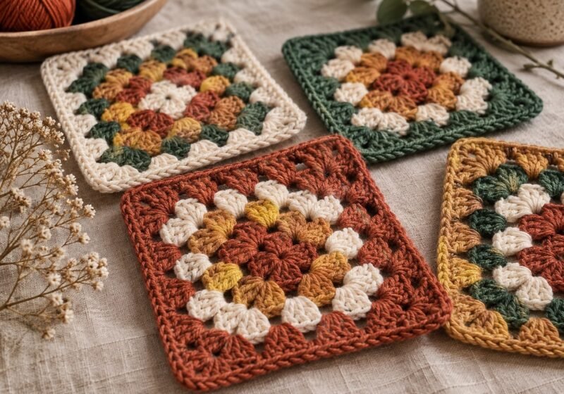Bunte Granny Squares in Naturtönen – dekoratives KI-Motiv