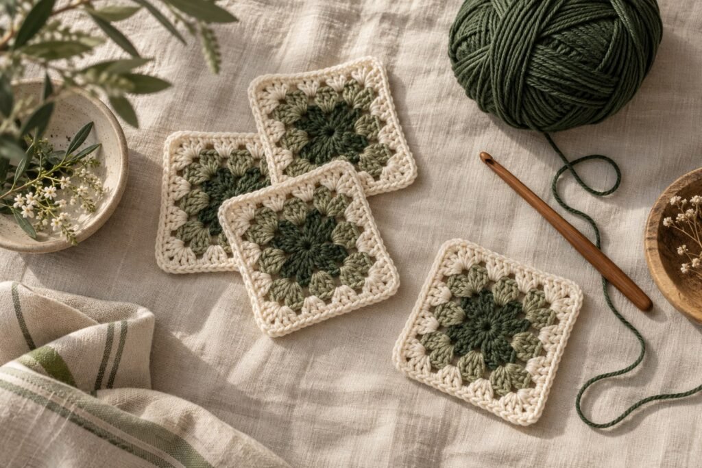 Cremefarbene Granny Squares mit grünem Garn auf Leinen – dekoratives KI-Motiv