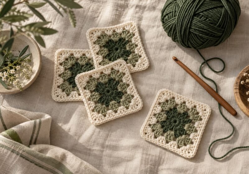 Cremefarbene Granny Squares mit grünem Garn auf Leinen – dekoratives KI-Motiv